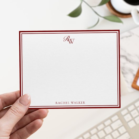 Elegant Red Monogram Two Border ノートカード