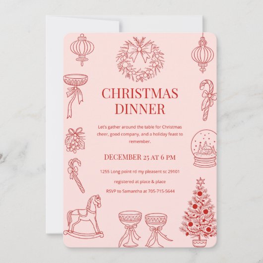 Elegant Red on Blush Pink Christmas Dinner 招待状 (正面)