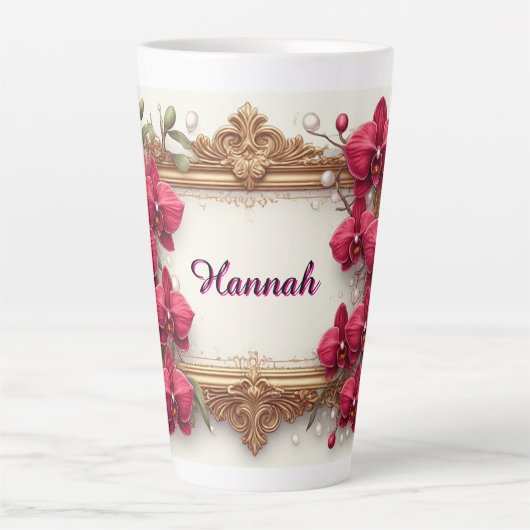 Elegant Red Orchid Floral Frame With Ornate Gold カフェラテマグ (正面)