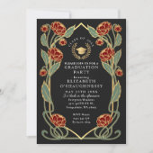 Elegant Red Peony Art Nouveau Graduation Party 招待状 (正面)