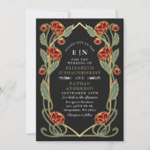 Elegant Red Peony Art Nouveau QR Code Wedding 招待状 (正面)