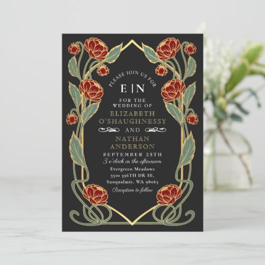 Elegant Red Peony Art Nouveau QR Code Wedding 招待状 (スタンド正面)