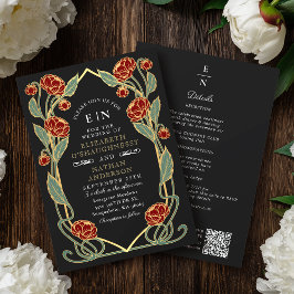 Elegant Red Peony Art Nouveau QR Code Wedding 招待状