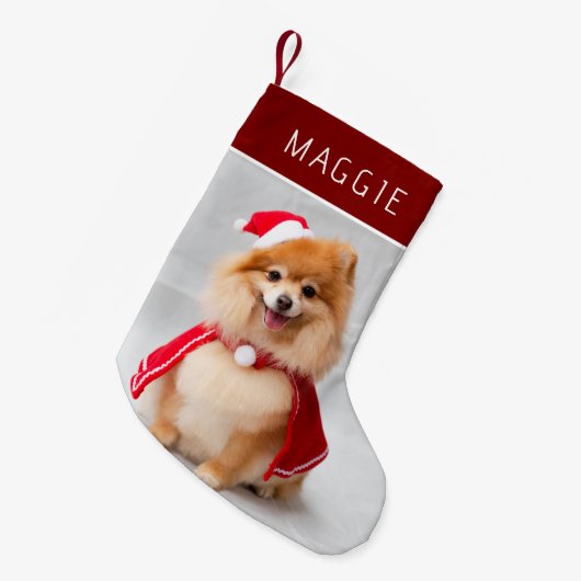 Elegant Red Pet Dog Photo Custom Name スモールクリスマスストッキング (正面 (吊り時))