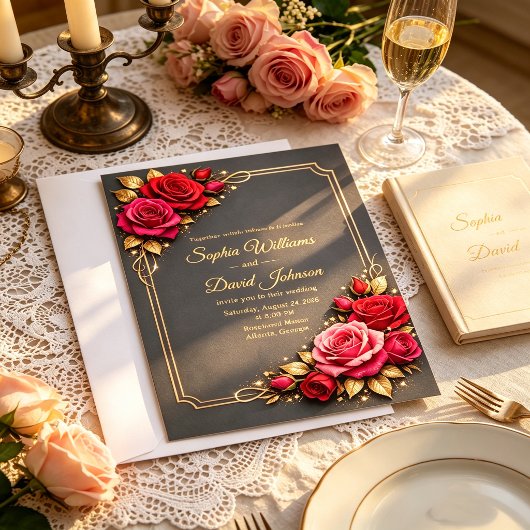 Elegant Red & Pink Roses Wedding Invitation Back 招待状