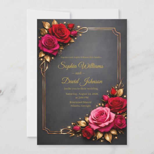 Elegant Red & Pink Roses Wedding Invitation Back 招待状 (正面)