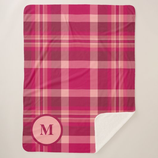 Elegant Red Pink Tartan Pattern Monogram シェルパブランケット (正面)