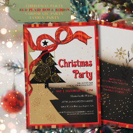 Elegant Red Plaid Ribbon Christmas Party  招待状