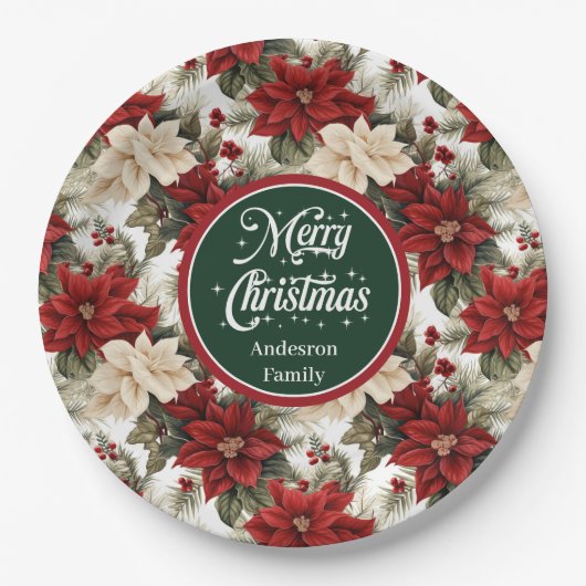 Elegant Red Poinsettia Floral Paper Plates Gift  ペーパープレート (正面)