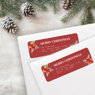 Elegant Red Poinsettia Holiday Return Address ラベル