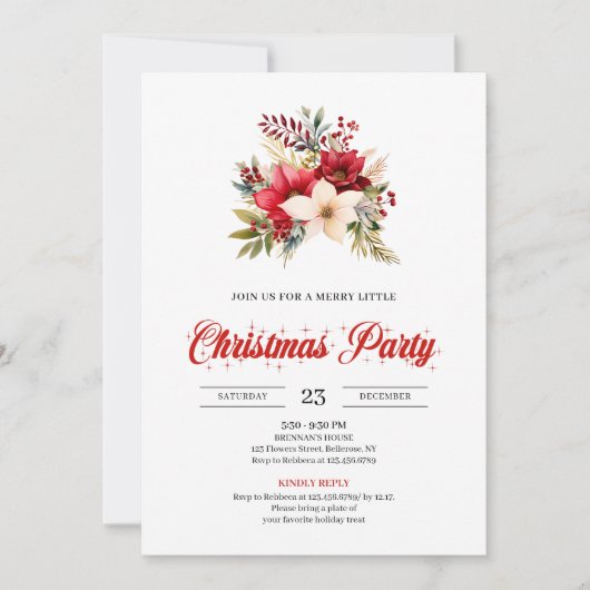 Elegant Red Poinsettia Script Font Christmas  招待状 (正面)