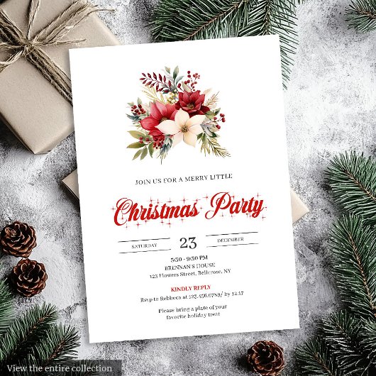 Elegant Red Poinsettia Script Font Christmas  招待状