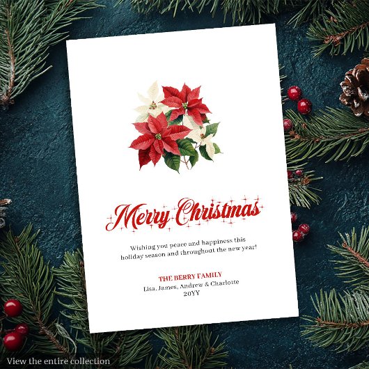 Elegant Red Poinsettia Script Font Greeting Card シーズンカード