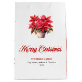 Elegant Red Poinsettias Script Font Holiday Bags ミディアムペーパーバッグ (正面)