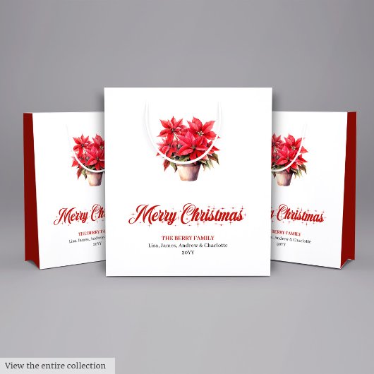 Elegant Red Poinsettias Script Font Holiday Bags ミディアムペーパーバッグ