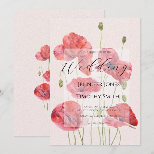 elegant red poppy wedding 招待状 (正面/裏面)