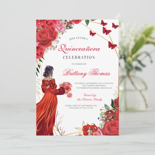 Elegant Red Quinceañera Invitation 招待状 (スタンド正面)