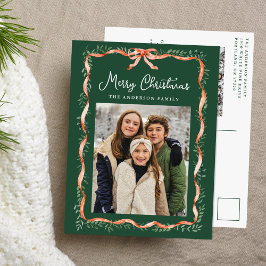 Elegant Red Ribbon and Greenery 2 Photo シーズンポストカード