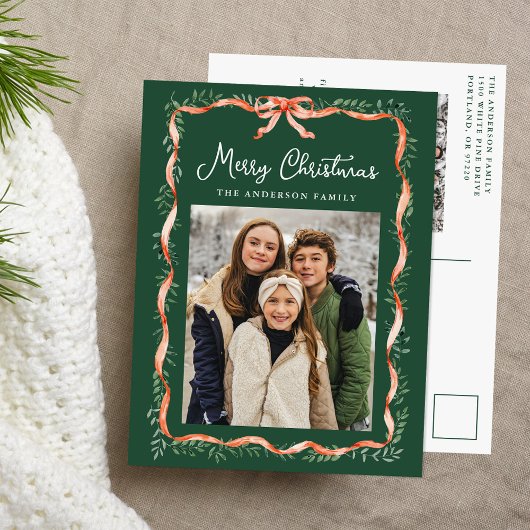 Elegant Red Ribbon and Greenery 2 Photo シーズンポストカード