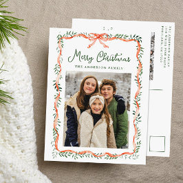 Elegant Red Ribbon and Greenery 2 Photo シーズンポストカード