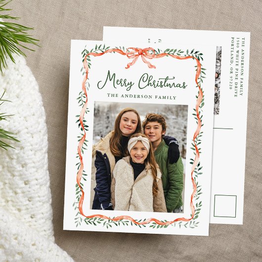 Elegant Red Ribbon and Greenery 2 Photo シーズンポストカード