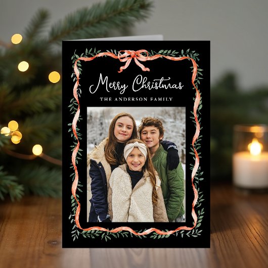 Elegant Red Ribbon and Greenery Black Photo シーズンカード