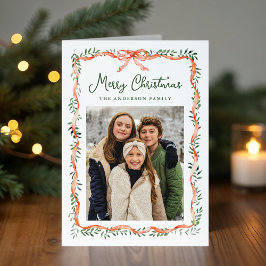 Elegant Red Ribbon and Greenery Photo シーズンカード