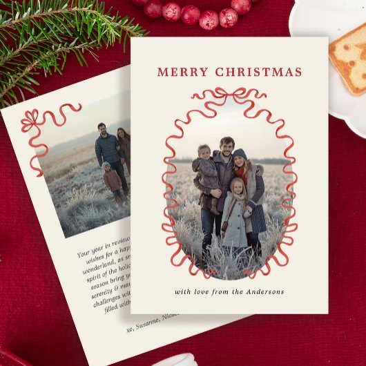 Elegant Red Ribbon Family Photo Christmas Card シーズンカード