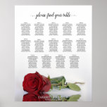 Elegant Red Rose 14 Table Wedding Seating Chart ポスター<br><div class="desc">This beautiful wedding seating chart features a single red rose flower reflecting in water with waves and ripples. The title reads "please find your table" in elegant lacy script calligraphy. There is space for the names of the couple and wedding date. This chart has table assignments for 140 guests at...</div>