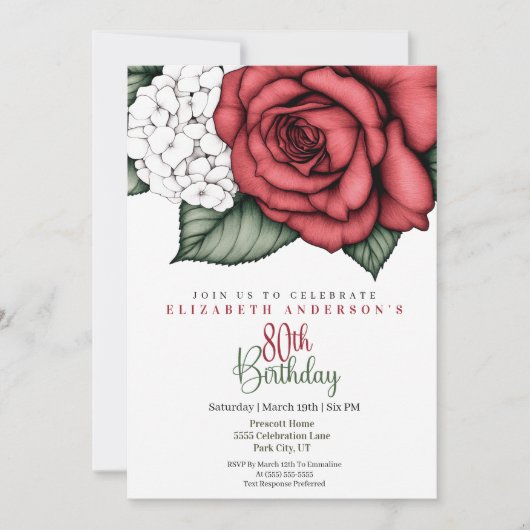 Elegant Red Rose 80th Birthday Invitation 招待状 (正面)