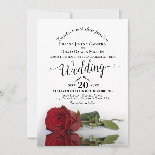 Elegant Red Rose Bilingual Spanish English Wedding 招待状 (正面)