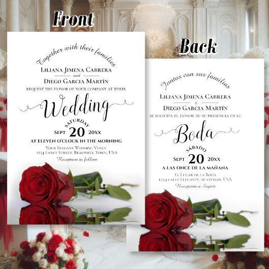 Elegant Red Rose Bilingual Spanish English Wedding 招待状