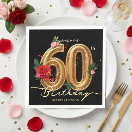Elegant Red Rose Black and Gold 60th Birthday スタンダードカクテルナプキン