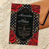 Elegant Red Rose Black and Gold Floral Polka Dot アクリル招待状