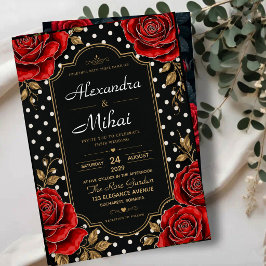 Elegant Red Rose Black and Gold Floral Polka Dot アクリル招待状