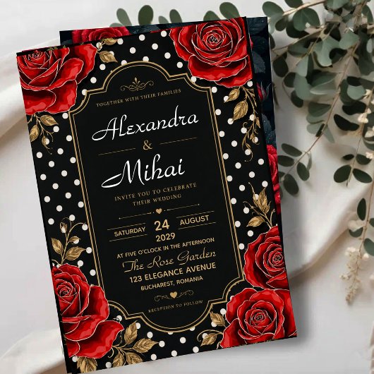 Elegant Red Rose Black and Gold Floral Polka Dot アクリル招待状