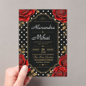Elegant Red Rose Black and Gold Floral Polka Dot アクリル招待状 (インサイチュ (ポータブル))