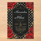 Elegant Red Rose Black and Gold Floral Polka Dot アクリル招待状 (正面)