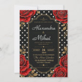 Elegant Red Rose Black and Gold Floral Polka Dot 招待状 (正面)