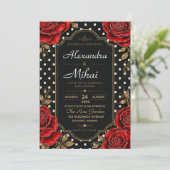 Elegant Red Rose Black and Gold Floral Polka Dot 招待状 (スタンド正面)