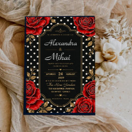 Elegant Red Rose Black and Gold Floral Polka Dot 招待状
