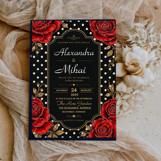 Elegant Red Rose Black and Gold Floral Polka Dot 招待状