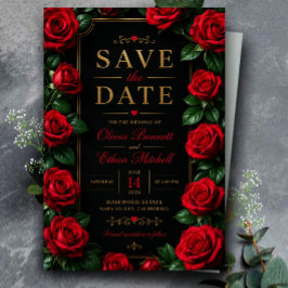 Elegant Red Rose Black and Gold Luxury Floral セーブザデート