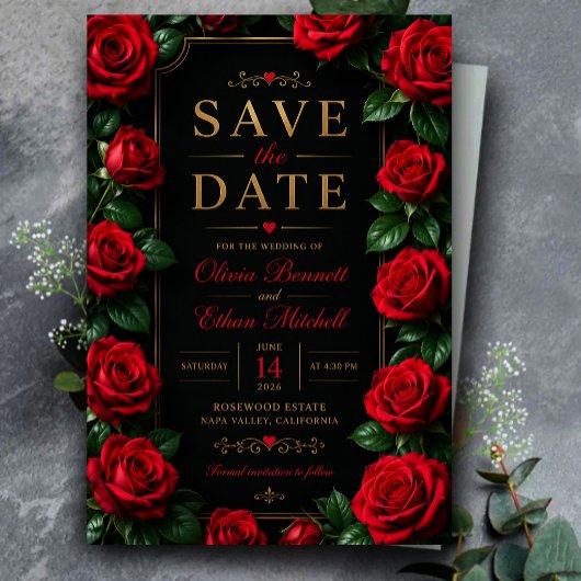 Elegant Red Rose Black and Gold Luxury Floral セーブザデート