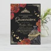 Elegant Red Rose Black Gold Butterfly Quinceañera 招待状 (スタンド正面)