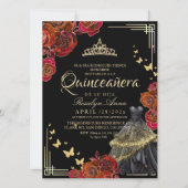 Elegant Red Rose Black Gold Butterfly Quinceañera 招待状 (正面)
