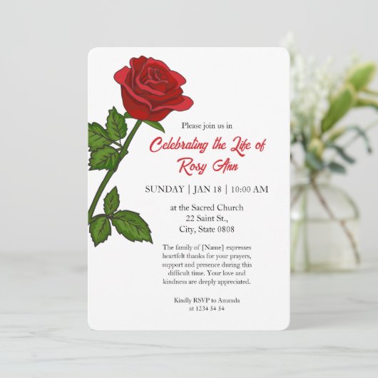 Elegant Red Rose "Celebrating the Life" Funeral  招待状 (スタンド正面)