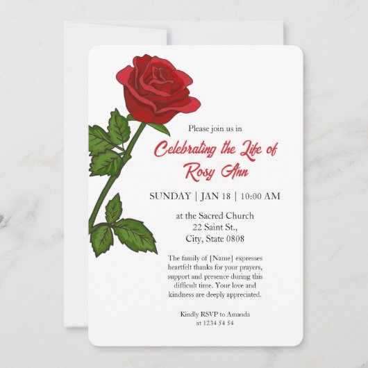 Elegant Red Rose "Celebrating the Life" Funeral  招待状 (正面)