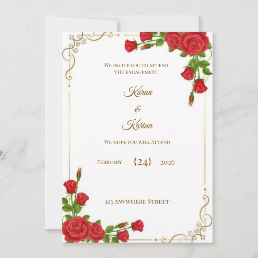 Elegant Red Rose Engagement Invitation with Gold C 招待状 (正面)