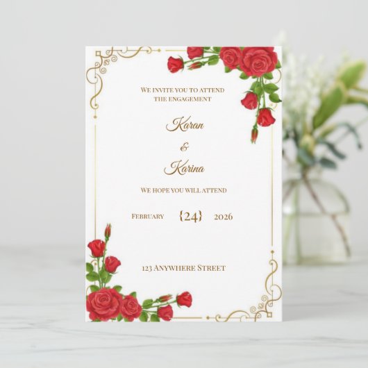 Elegant Red Rose Engagement Invitation with Gold C 招待状 (スタンド正面)